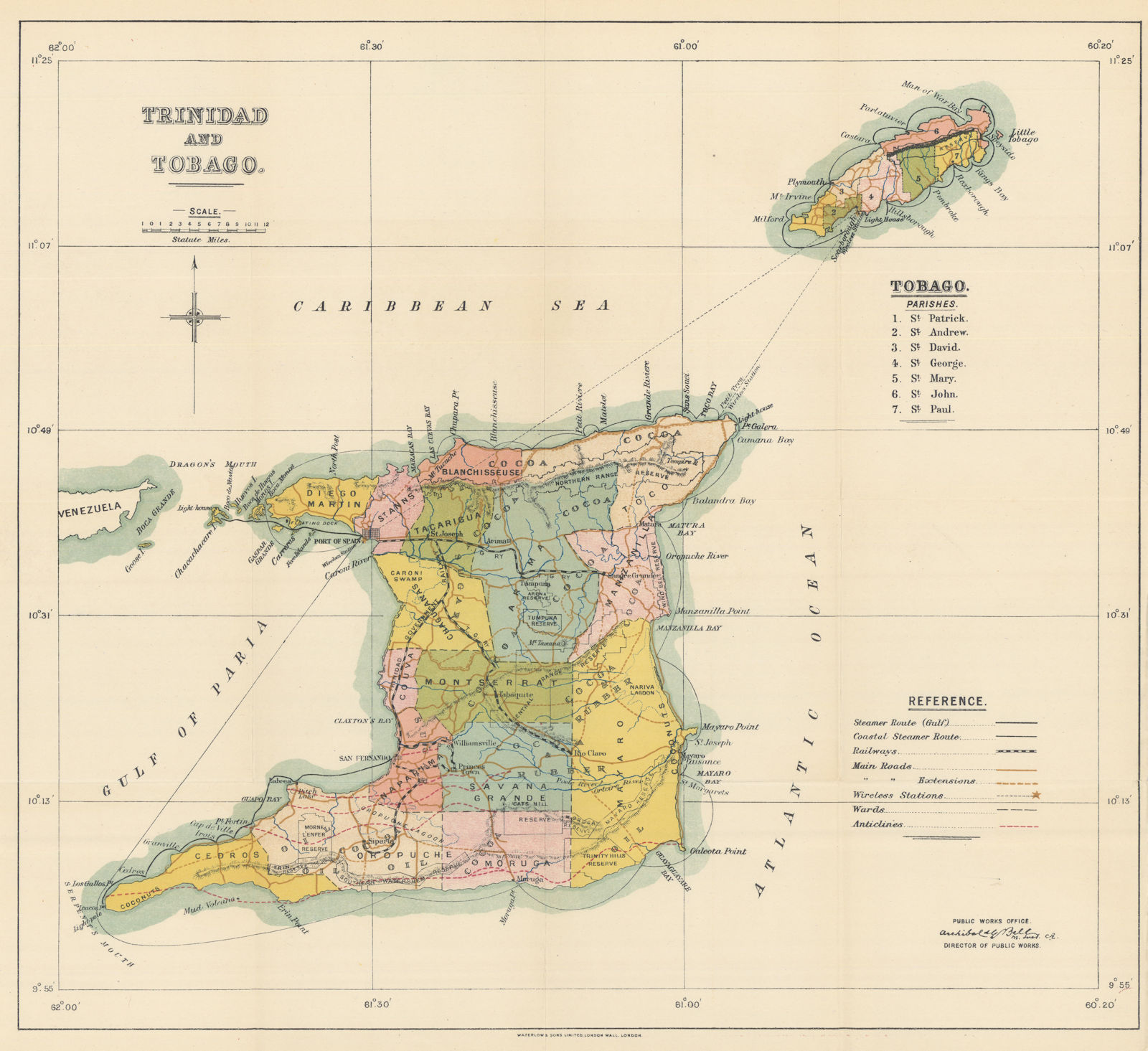 Trinidad & Tobago showing parishes, wards & steamer routes. Waterlow 1919 map