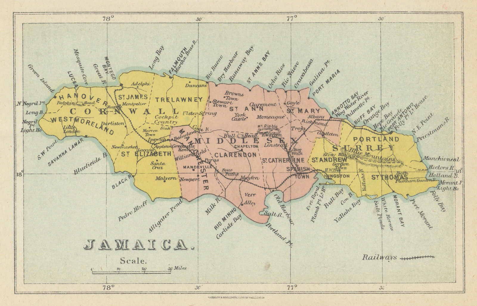 Map of Jamaica showing counties, parishes & railways by Edward Stanford 1919