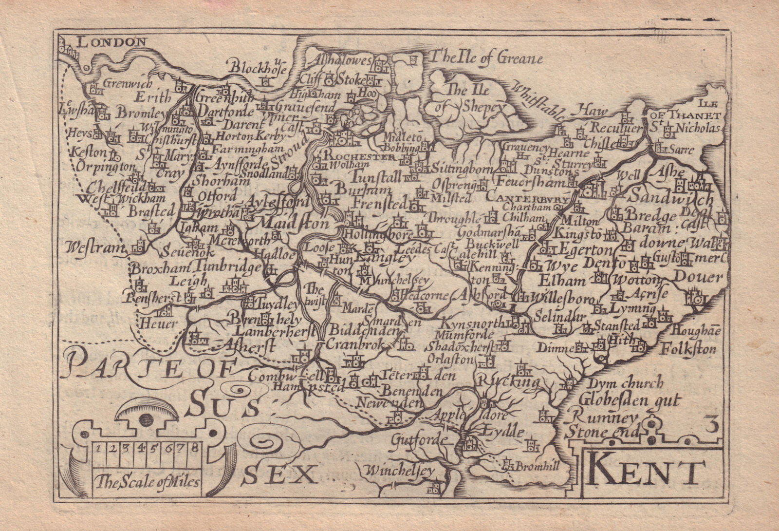 Kent by van den Keere. "Speed miniature" county map 1632 old antique chart