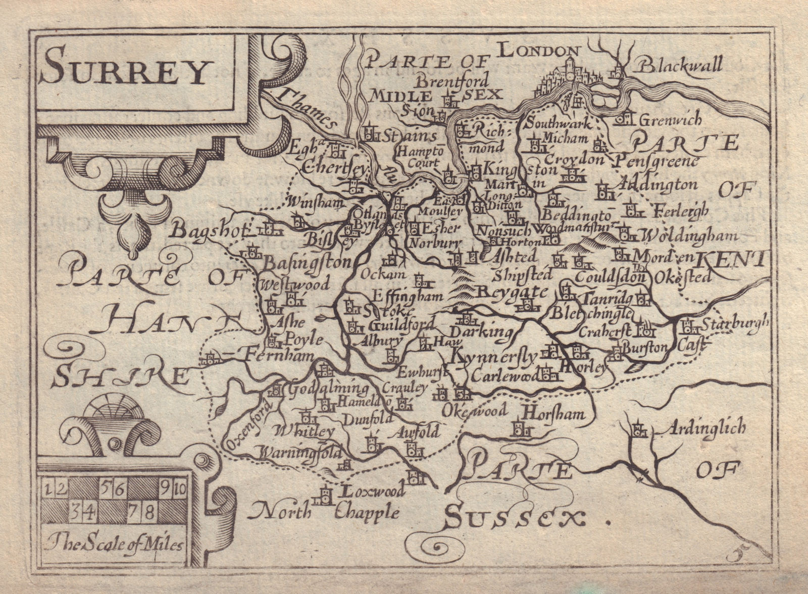 Surrey by van den Keere. "Speed miniature" county map 1632 old antique