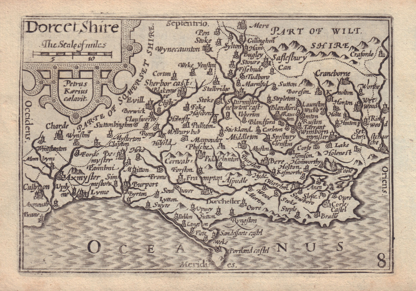Dorcetshire by van den Keere. "Speed miniature" Dorset county map 1632 old