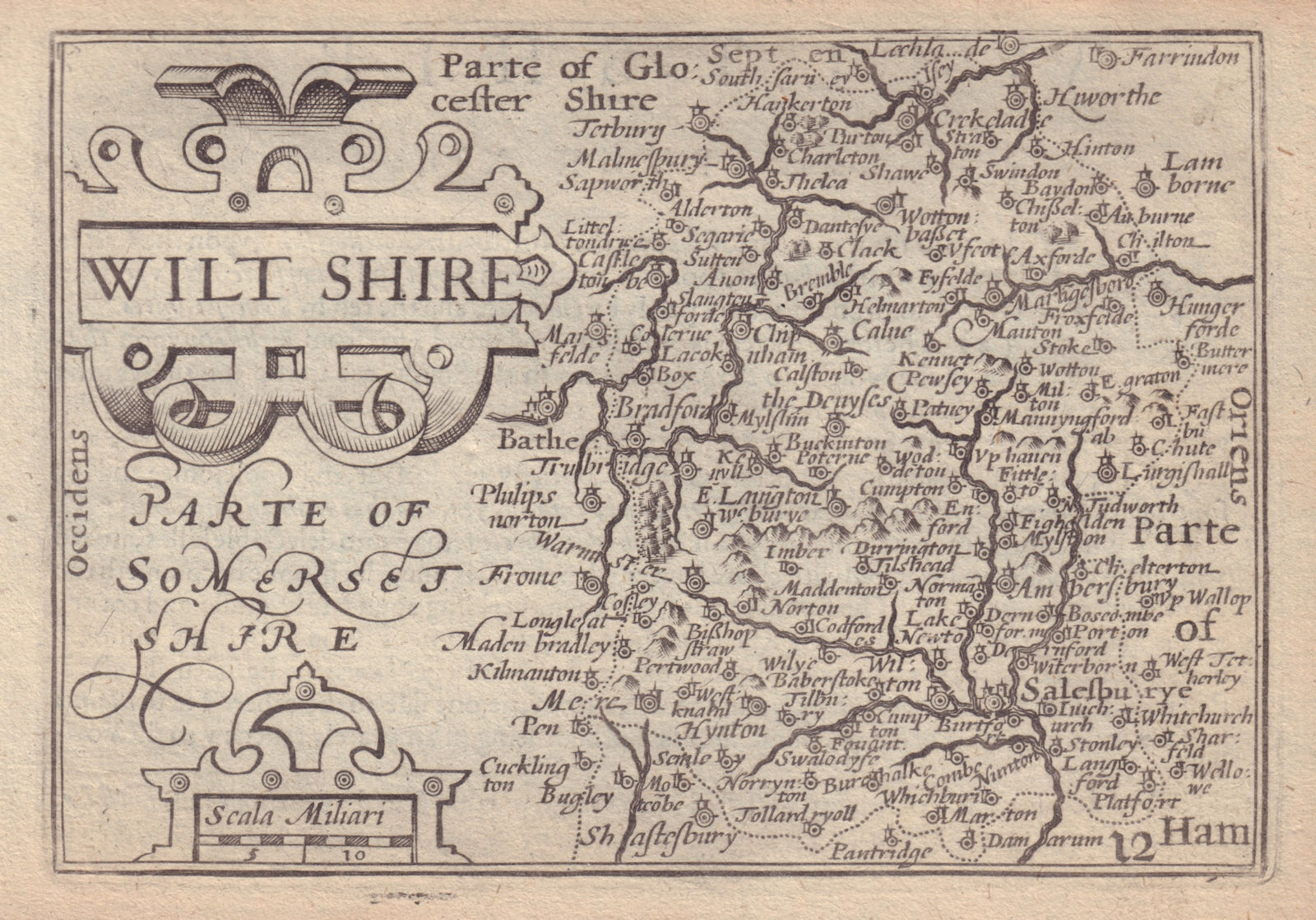 Wilt shire by van den Keere. "Speed miniature" Wiltshire county map 1632