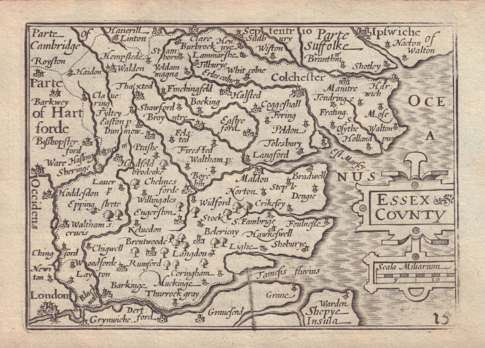 Essex County by van den Keere. "Speed miniature" county map 1632 old