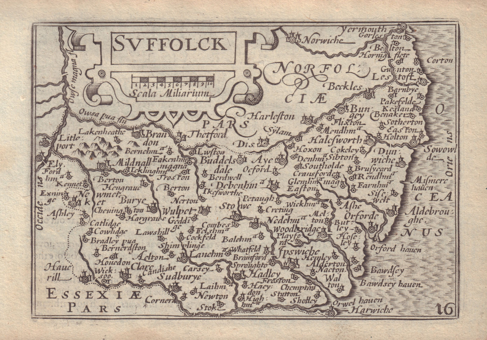 Suffolck by van den Keere. "Speed miniature" Suffolk county map 1632 old