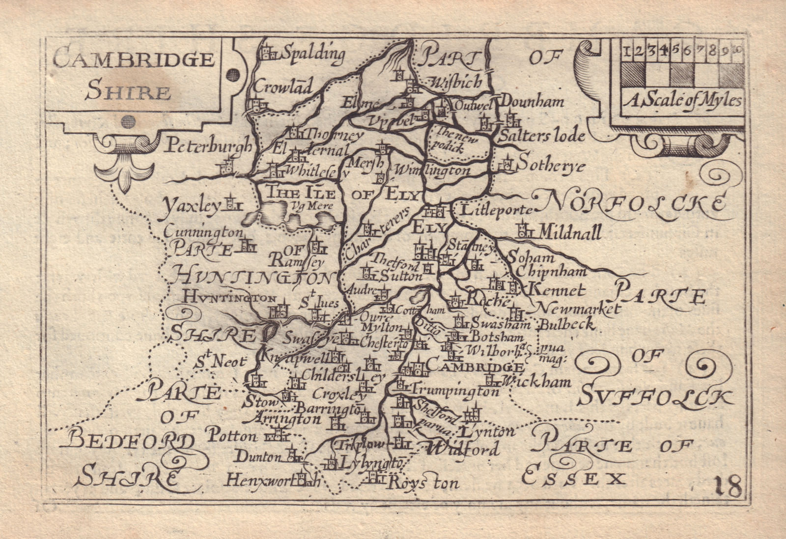 Cambridge Shire by Keere. "Speed miniature" Cambridgeshire county map 1632
