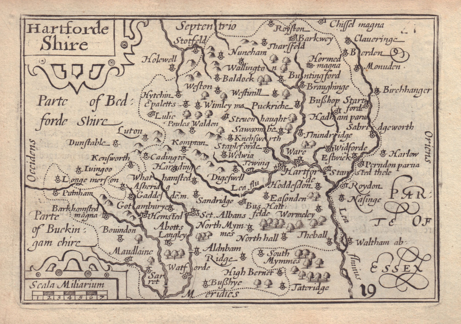 Hartforde Shire by Keere. "Speed miniature" Hertfordshire county map 1632