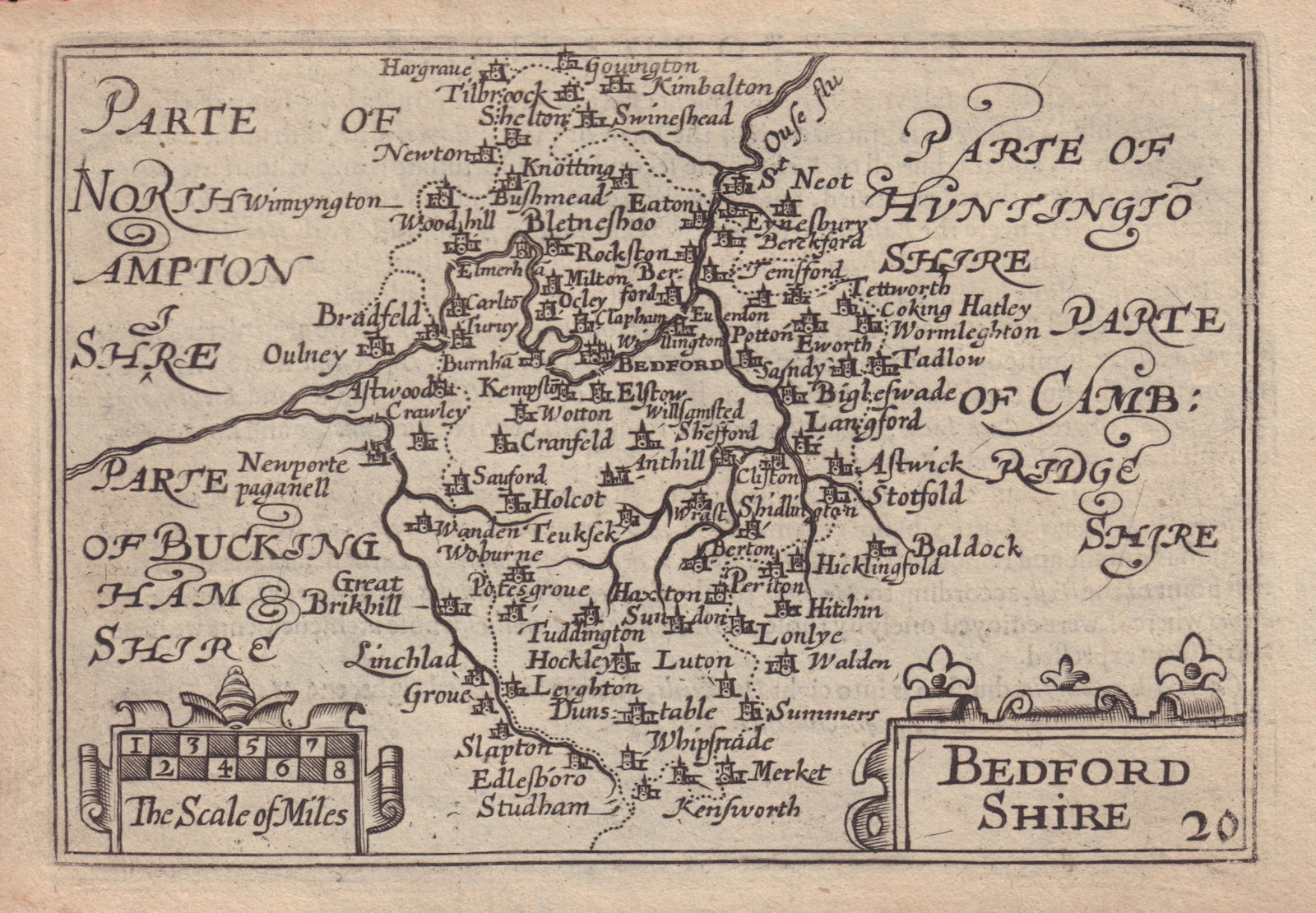 Bedford Shire by van den Keere. "Speed miniature" Bedfordshire county map 1632