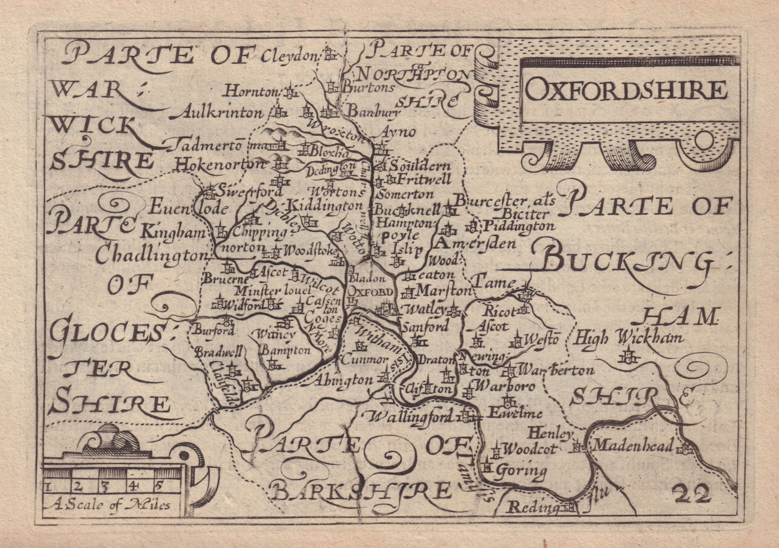 Oxfordshire by van den Keere. "Speed miniature" county map 1632 old