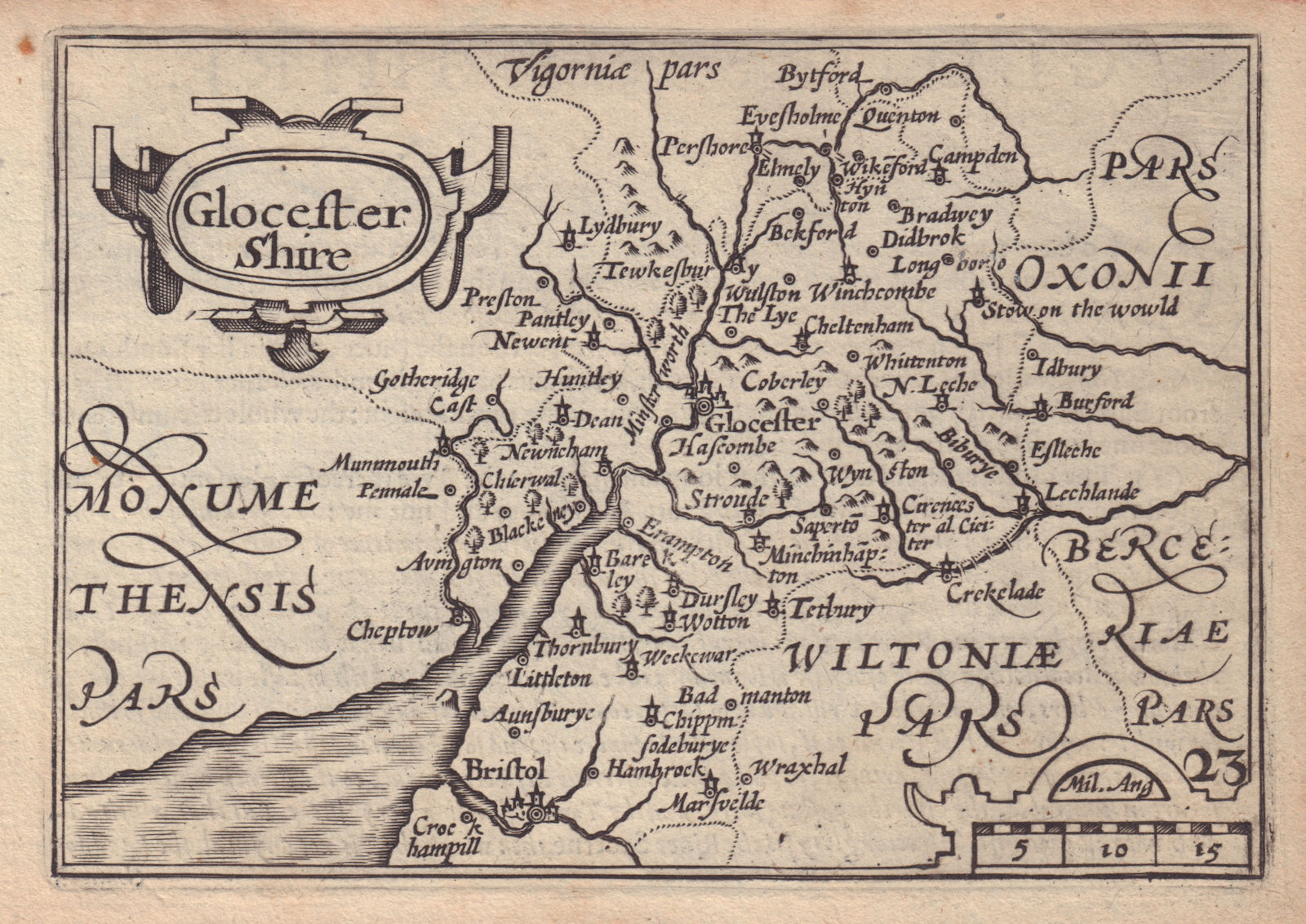 Glocester Shire by Keere. "Speed miniature" Gloucestershire county map 1632