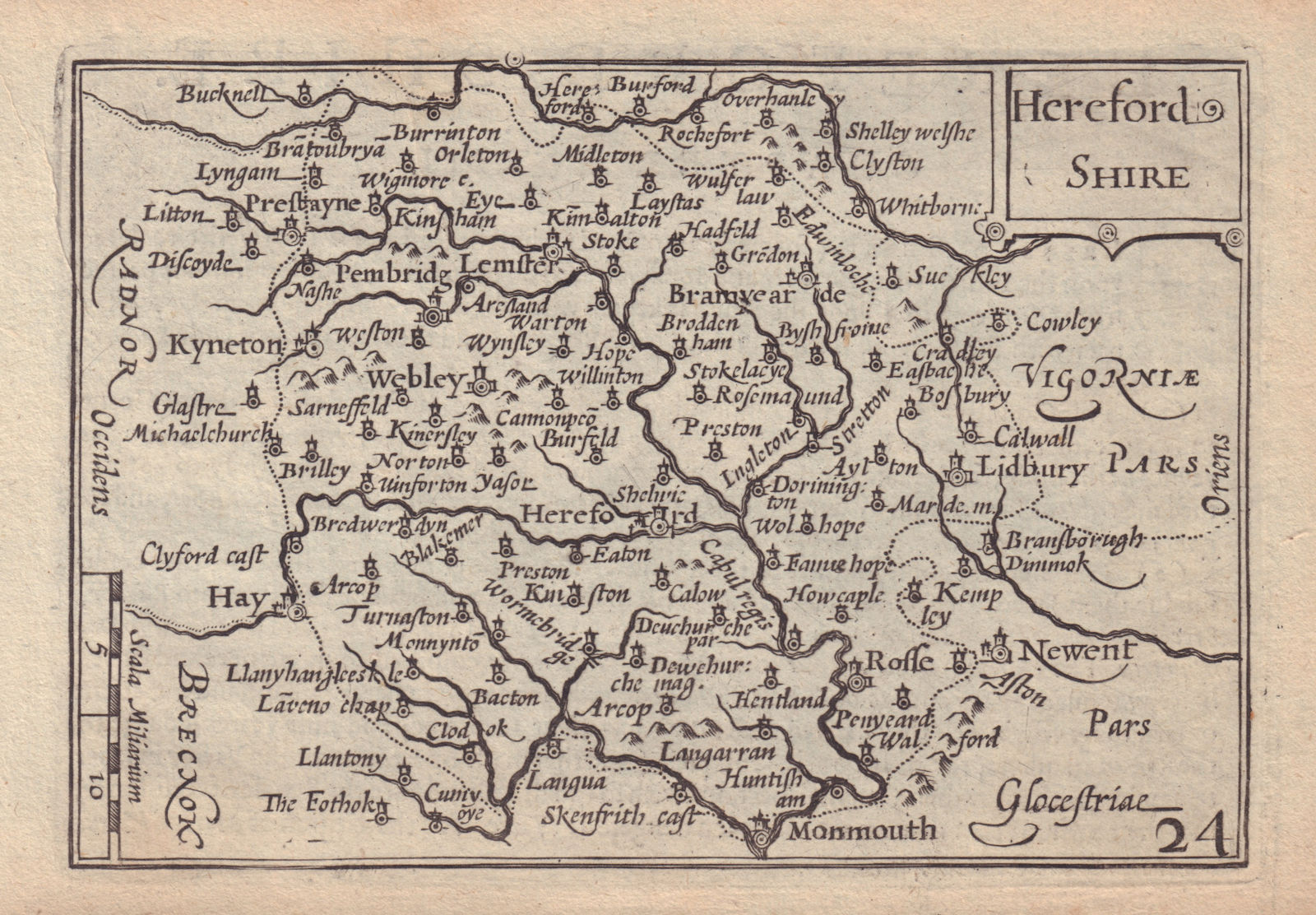 Hereford Shire by van den Keere. "Speed miniature" Herefordshire county map 1632