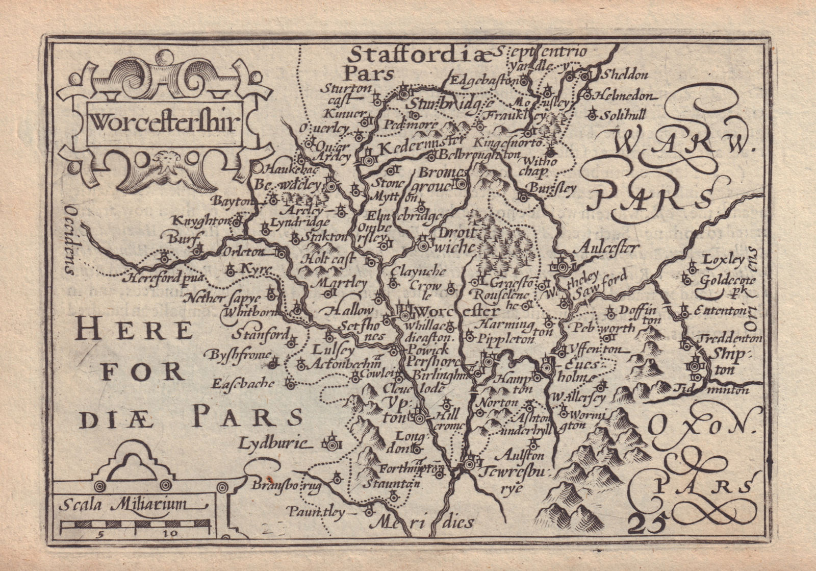 Worcestershir by van den Keere. "Speed miniature" Worcestershire county map 1632