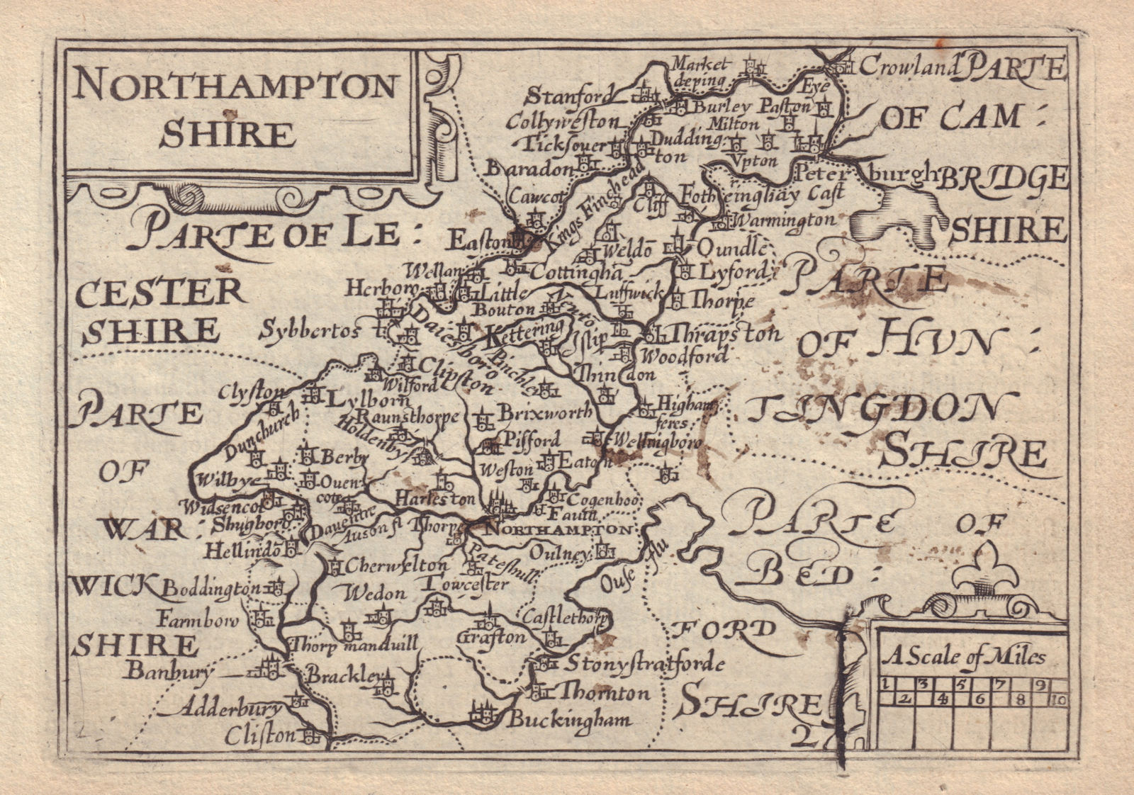 Northamptonshire by van den Keere. "Speed miniature" county map 1632 old