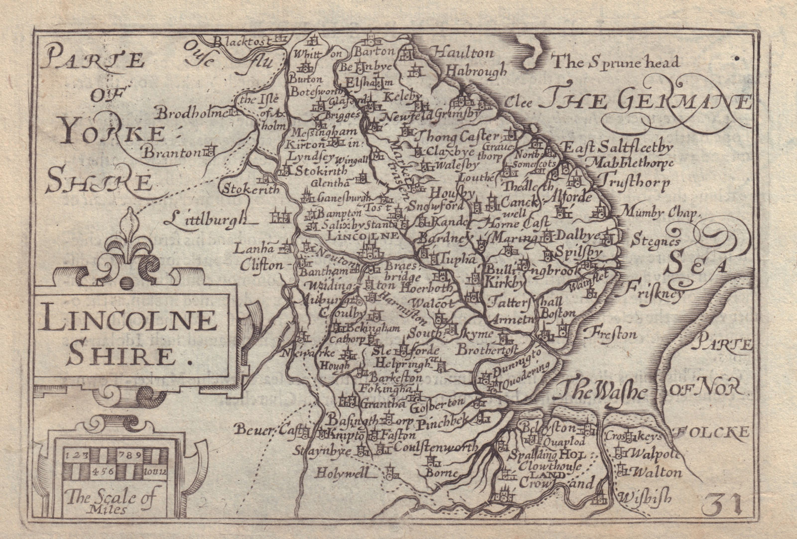 Lincolne Shire by van den Keere. "Speed miniature" Lincolnshire county map 1632