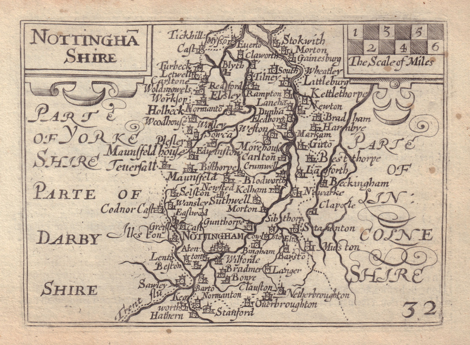 Nottingha Shire by Keere. "Speed miniature" Nottinghamshire county map 1632