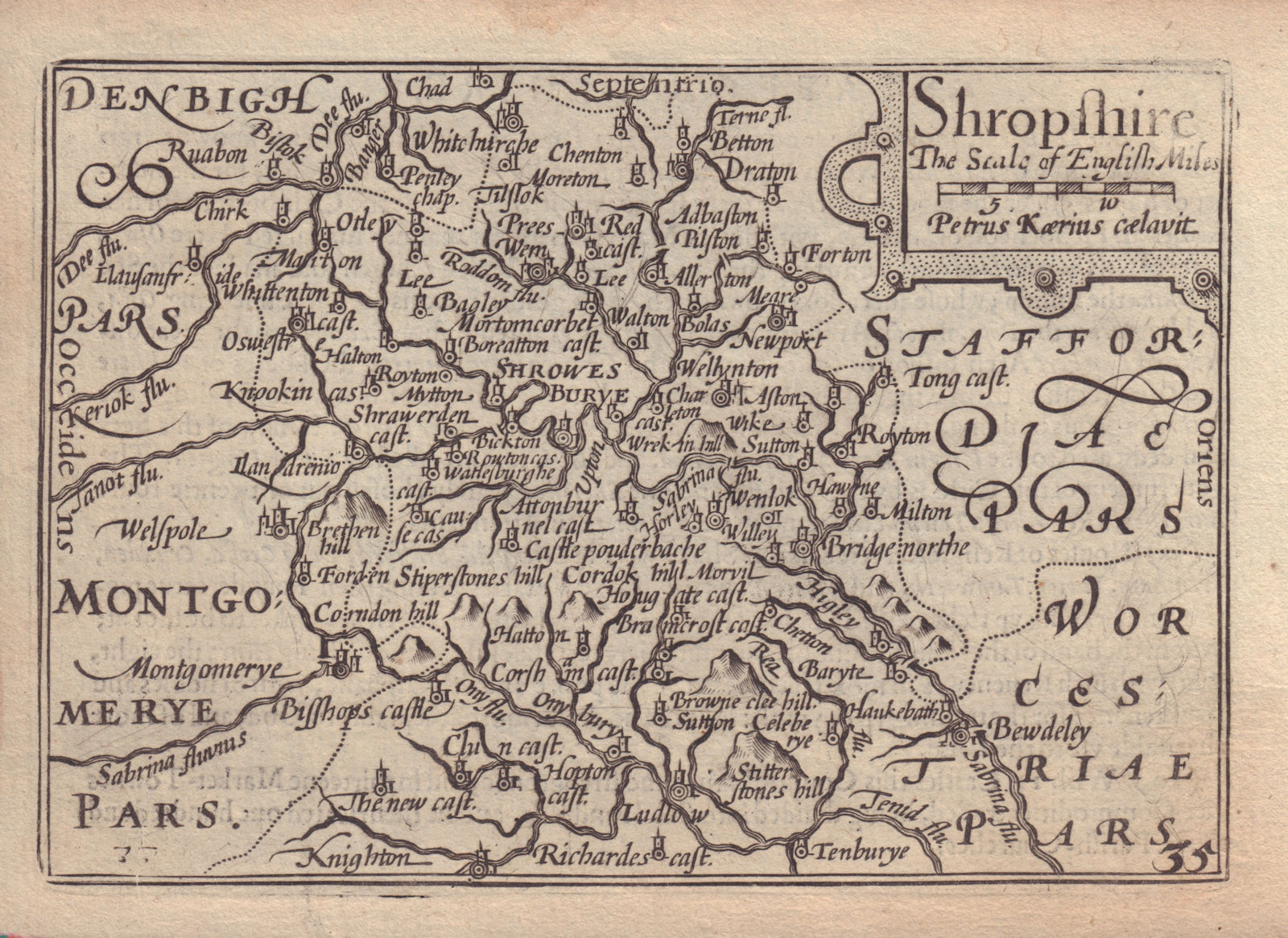 Shropshire by van den Keere. "Speed miniature" county map 1632 old antique