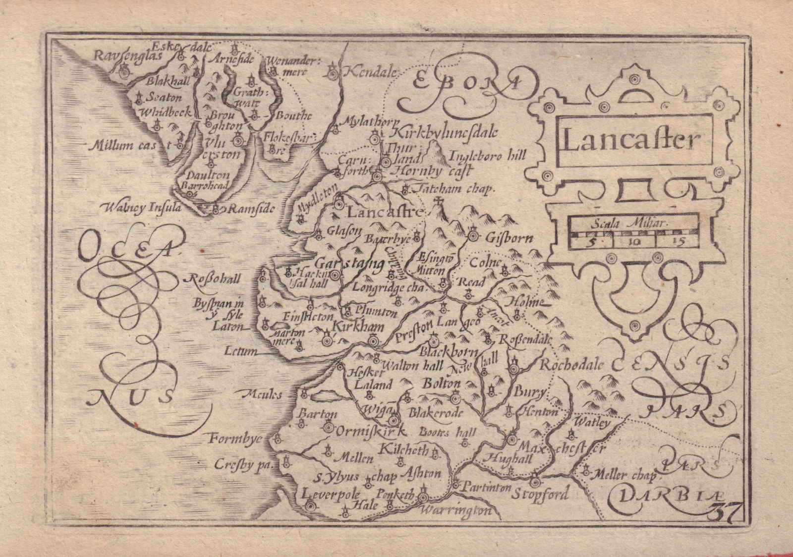 Lancaster by van den Keere. "Speed miniature" Lancashire county map 1632