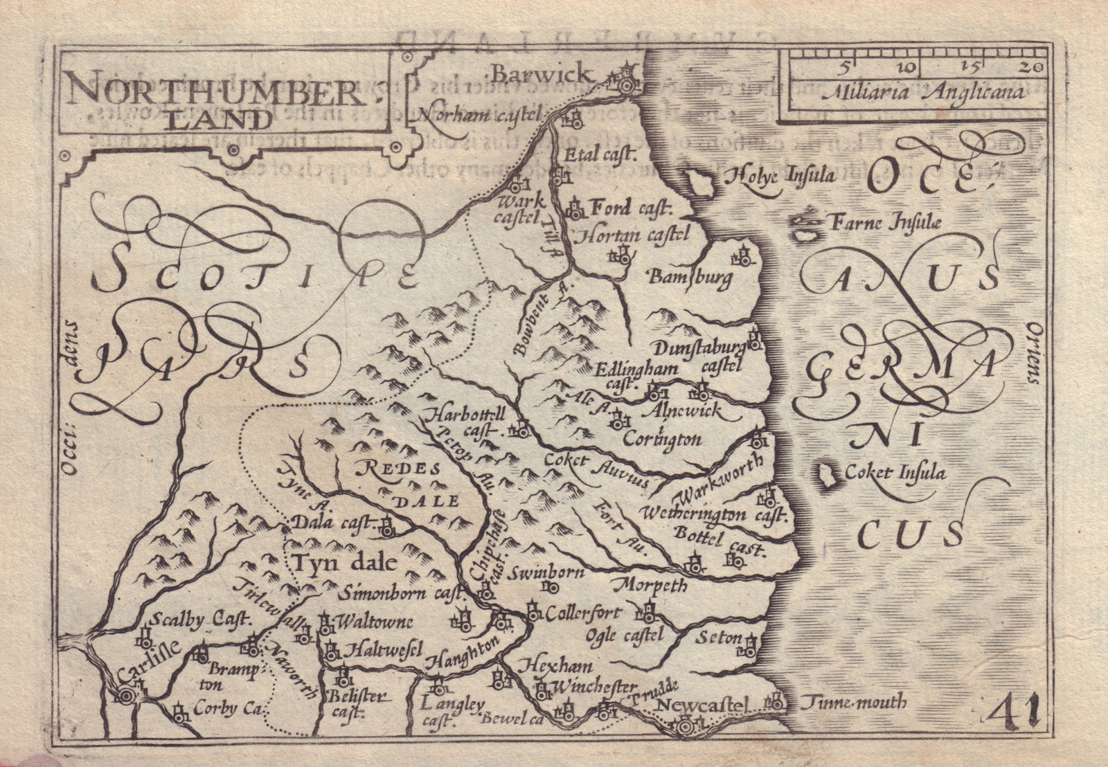 Northumberland by van den Keere. "Speed miniature" county map 1632 old