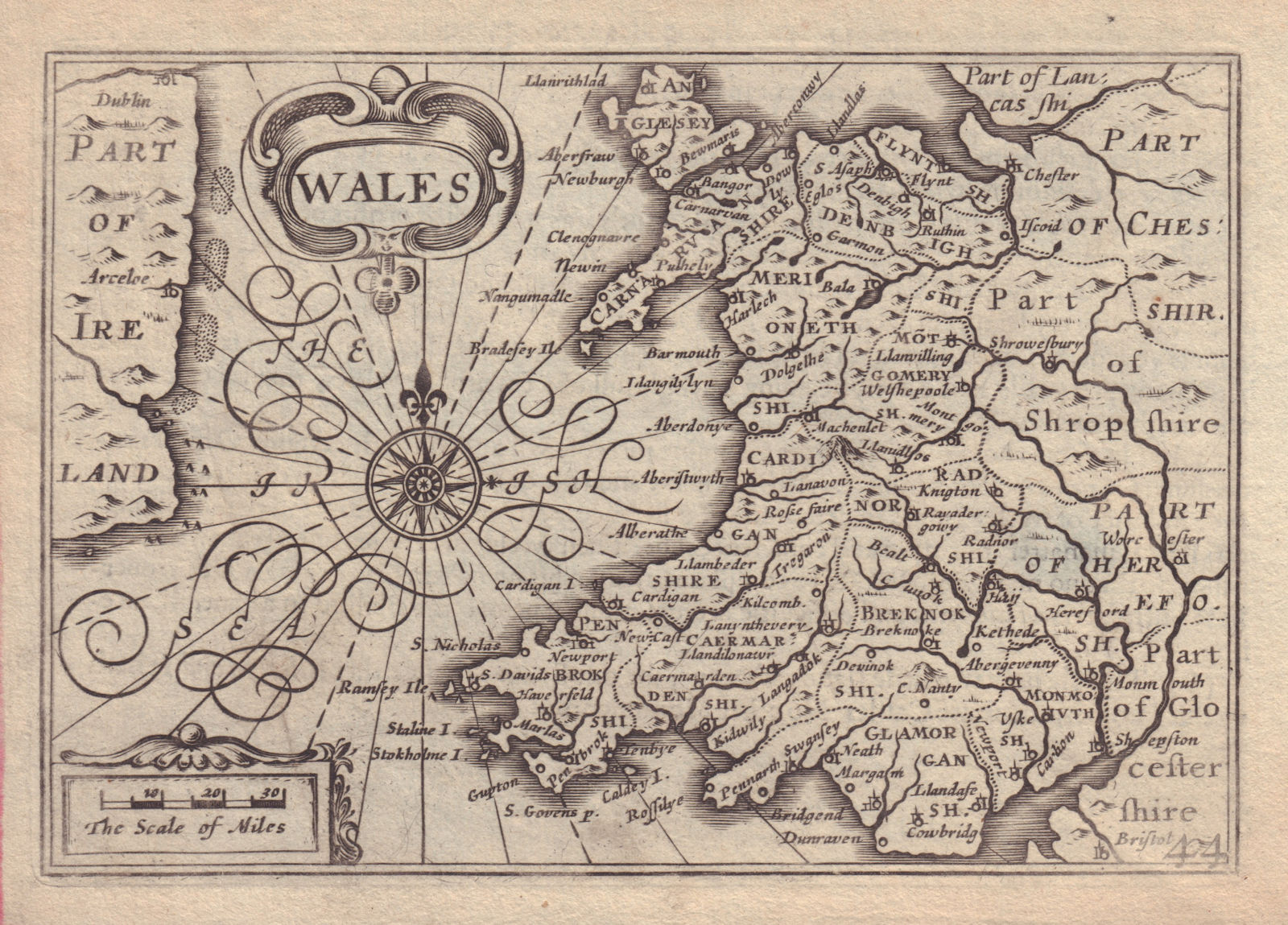 Wales by van den Keere. "Speed miniature" 1632 old antique map plan chart