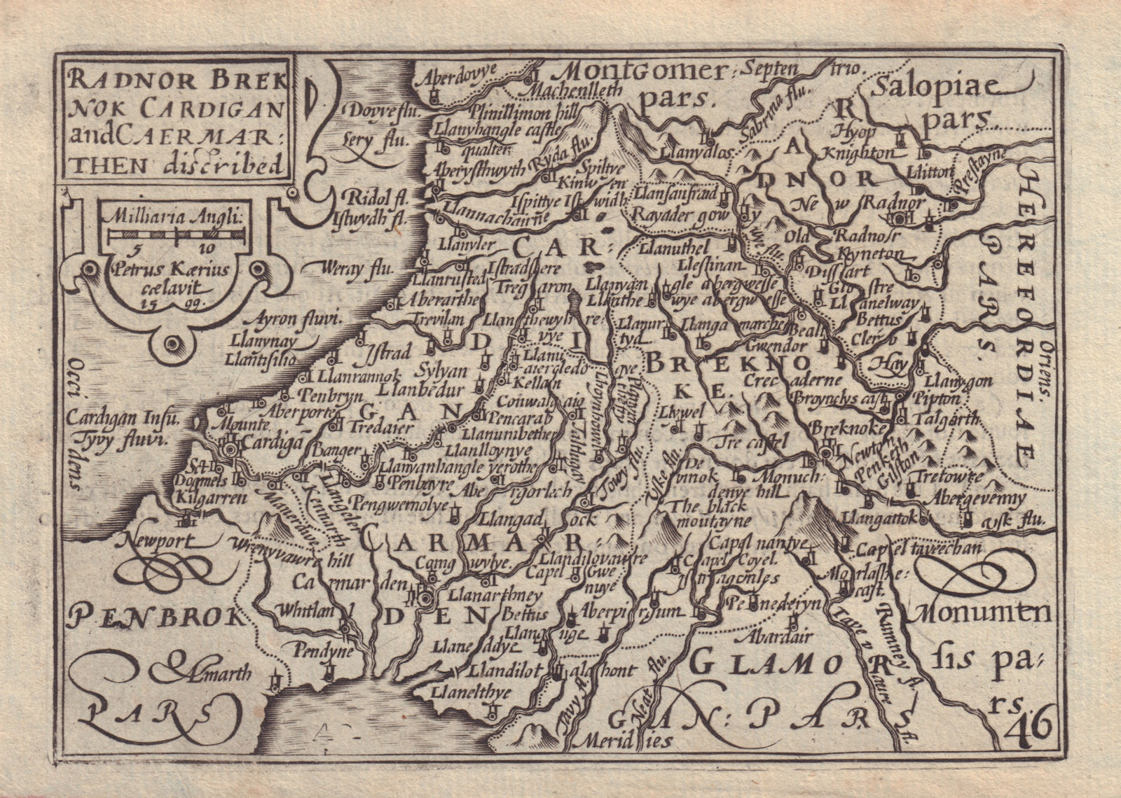 Radnor Breknok Cardigan & Caermarthen by Keere. "Speed miniature" Wales 1632 map