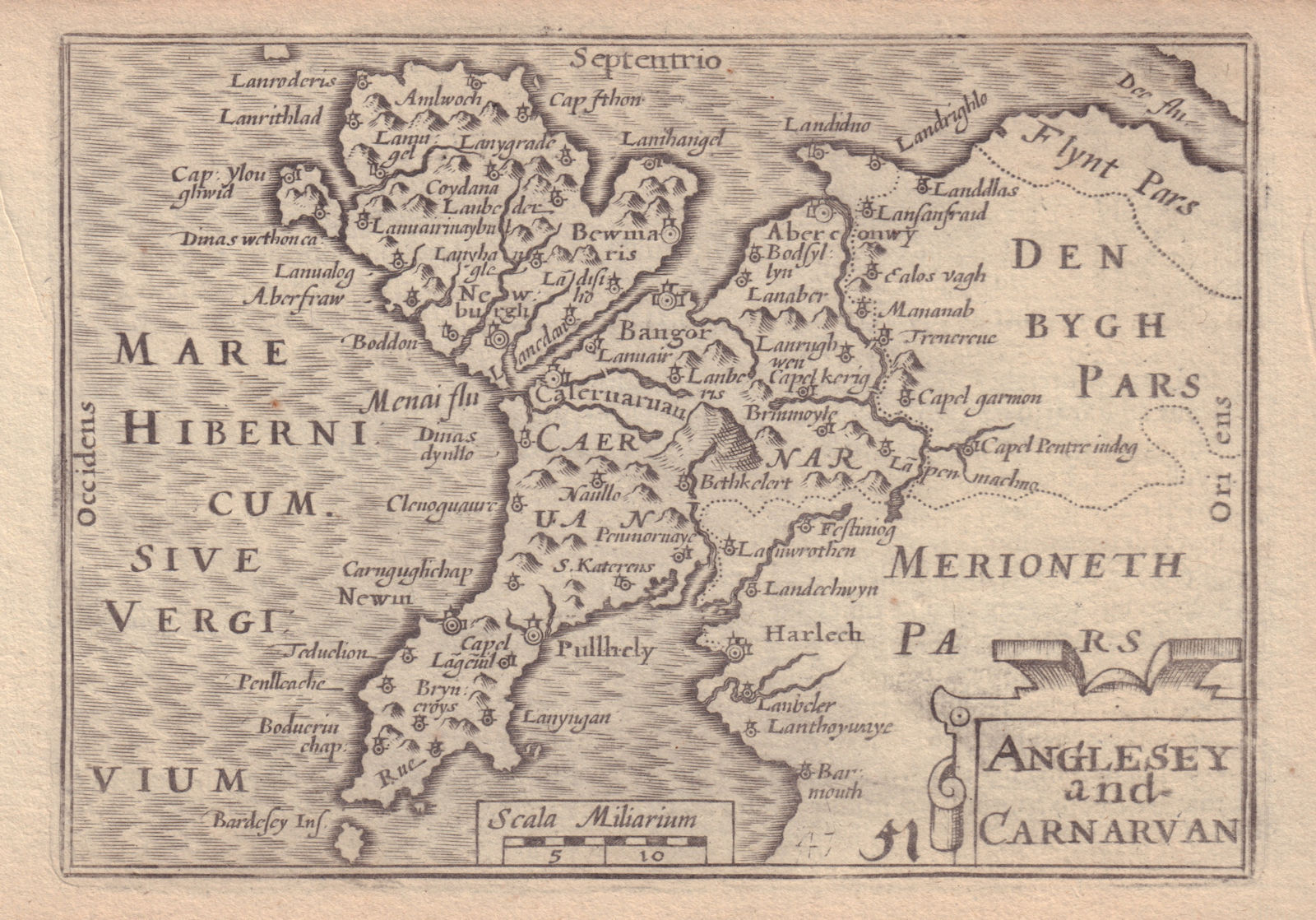 Anglesey and Carnarvan by van den Keere. "Speed miniature" 1632 old map