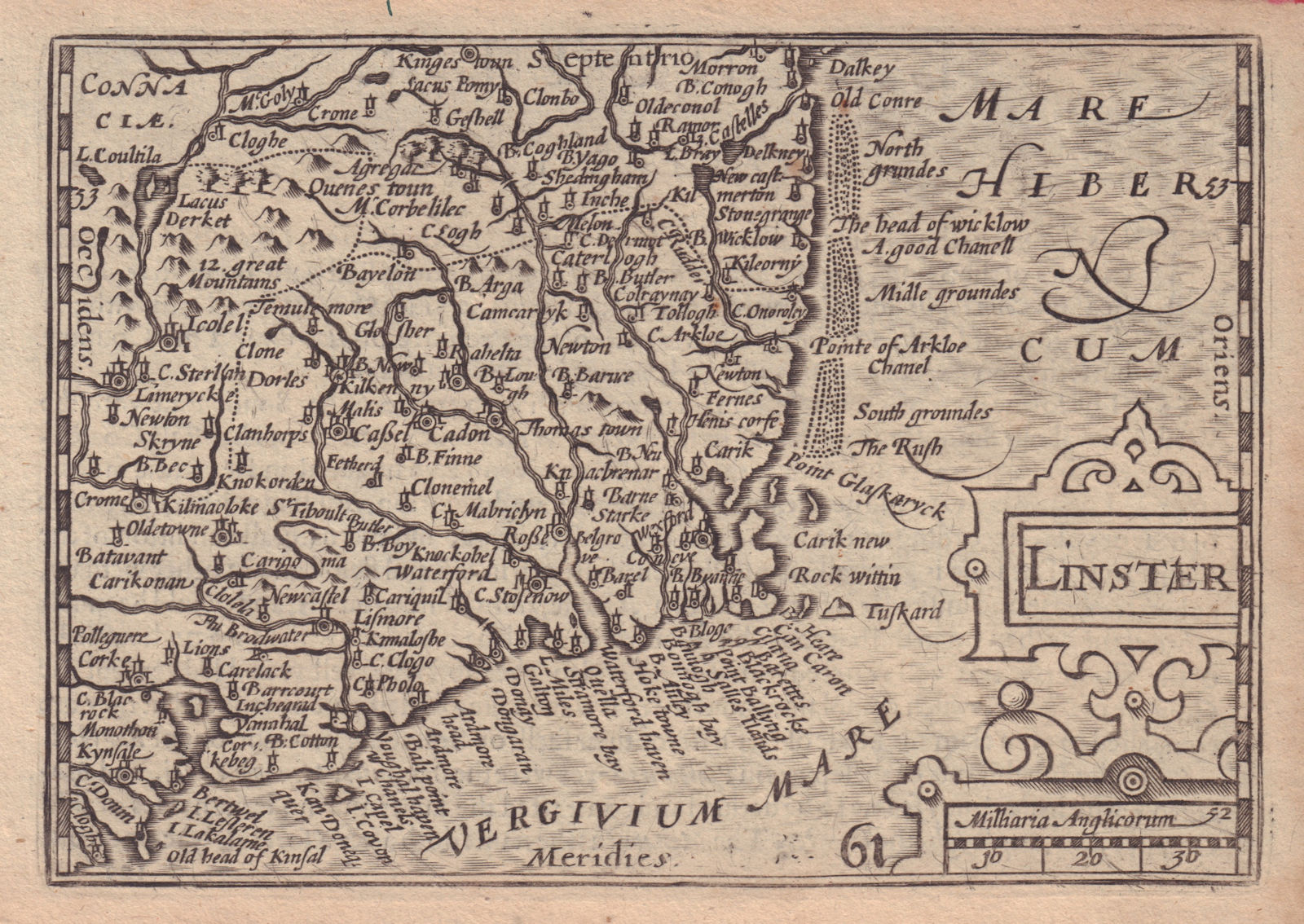 Linster by van den Keere. "Speed miniature" Leinster, Ireland 1632 old map