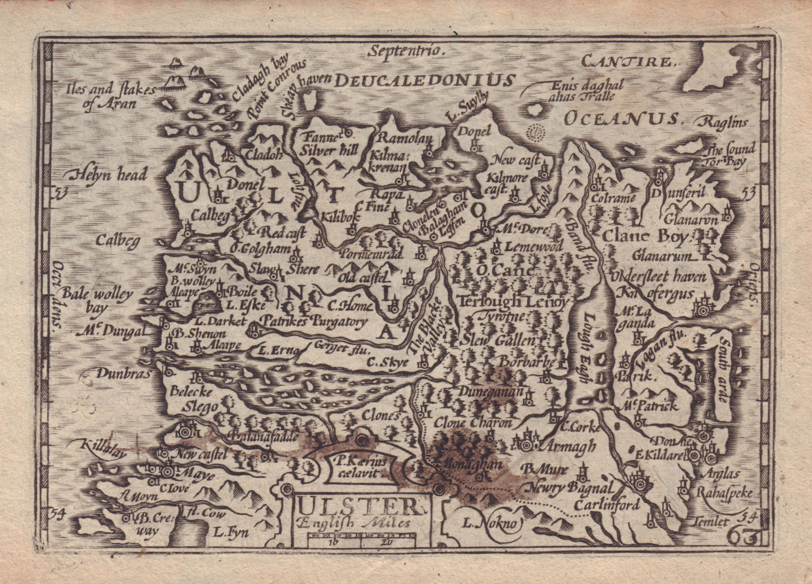 Ulster by van den Keere. "Speed miniature" Northern Ireland 1632 old map