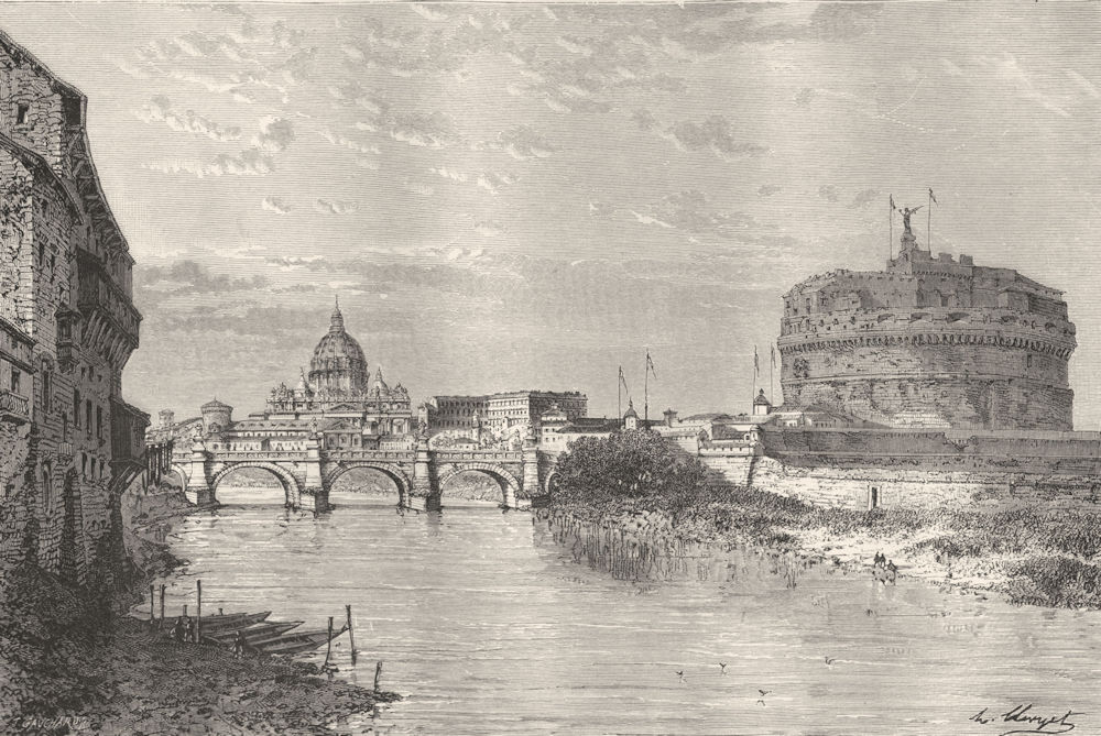 ROME. Mole Adrian, Tiber Ripetta, Sant'Angelo 1872 old antique print picture