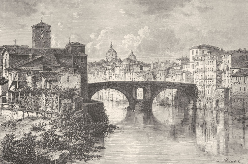 ROME. Tiber island, St Bartholomew, 4 Capi Bridge 1872 old antique print