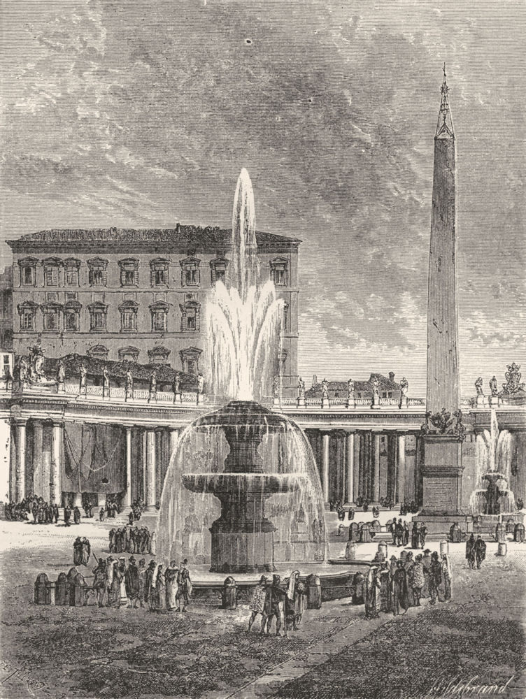 ROME. Caligula's obelisk, fountain, St Peter's piazza 1872 old antique print