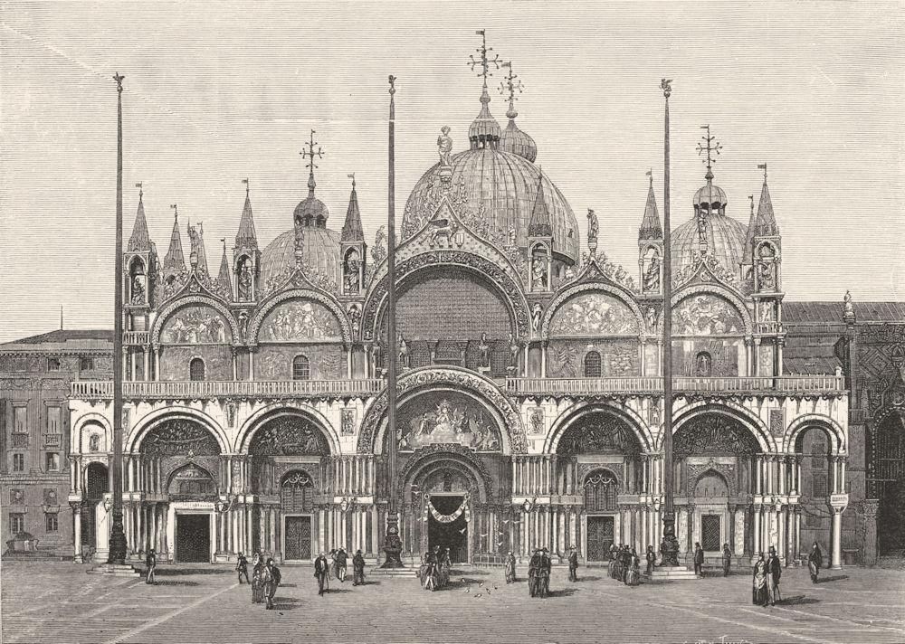 VENICE. West front of Basilica St Mark 1880 old antique vintage print picture