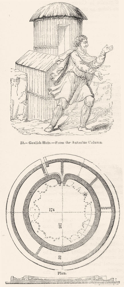 CHUN CASTLE. Gaulish huts Antonine column; plan of  1845 old antique print