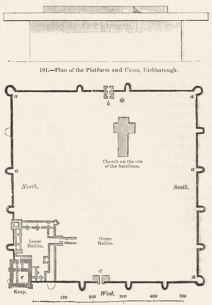 PORCHESTER CASTLE. Plan; platform, cross, Richborough 1845 old antique print