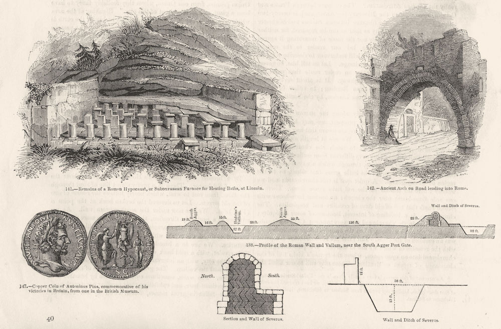 ROMANS. LINColn. Roman Hypocaust(bath furnace)et al 1845 old antique print