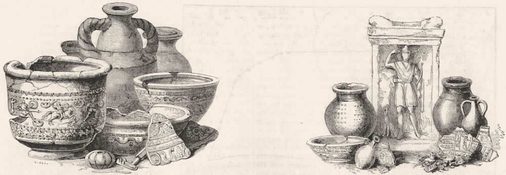 LOMBARD ST. Urn, vase, key, bead, pottery, found 1785 1845 old antique print