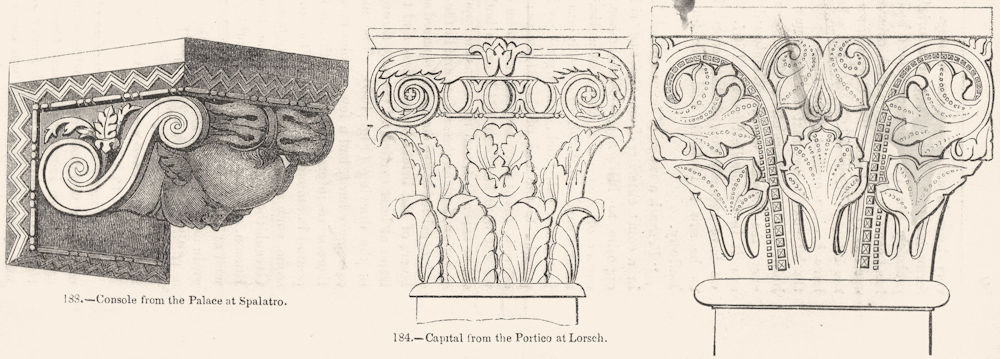 Associate Product CAPITALS. Lorsch, Mainz cathedral; Console-Spalatro 1845 old antique print