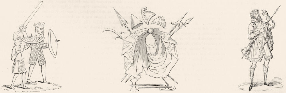 MILITARIA. Ringed mail; Saxon mantle, weapon; soldier 1845 antique print
