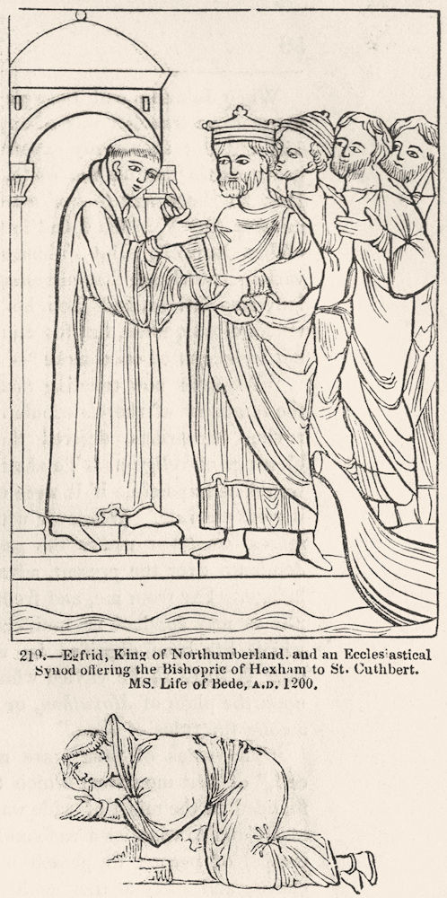NORTHUMB. King Egfrid; Synod, Hexham, Cuthbert; Dunstan 1845 old antique print