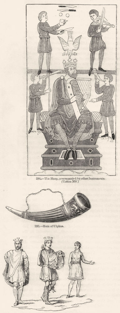 Associate Product MUSIC. Harp, Ulphus horn, violin, flute; Saxon dress 1845 old antique print