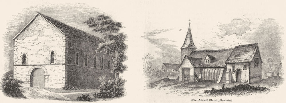 Associate Product CHURCHES. St Marys Chapel, Kingston; Church, Greensted 1845 old antique print