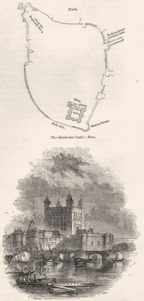 KENT. Rochester Castle; Plan; Tower, Thames 1845 old antique print picture