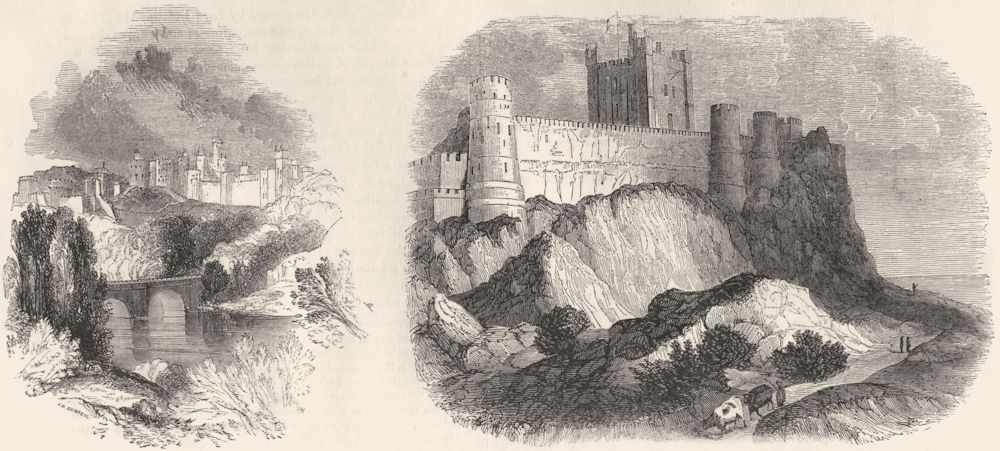 CASTLES. Alnwick, Bamburgh Castle 1845 old antique vintage print picture