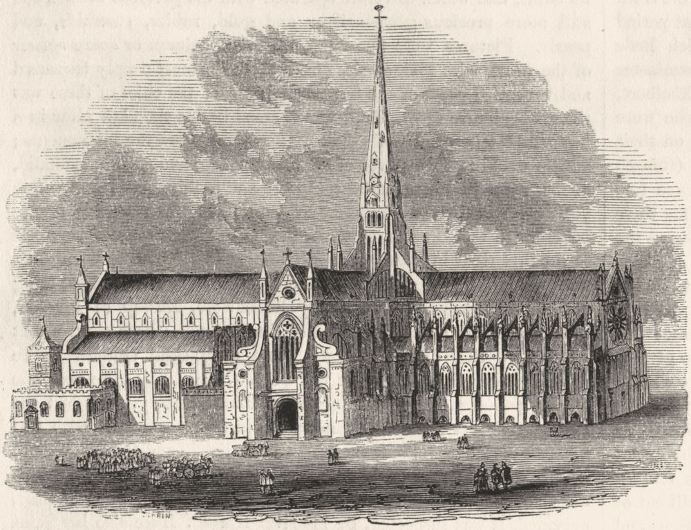 LONDON. Old St Paul's, before destruction of Steeple 1845 antique print