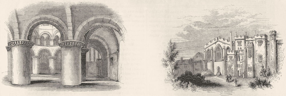CAMBS. Round Church, Cambridge; St John's Hospital 1845 old antique print