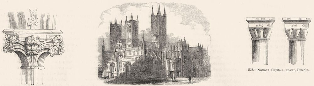 LINCOLN CATHEDRAL. Capital, turret, gable cross, nave 1845 old antique print