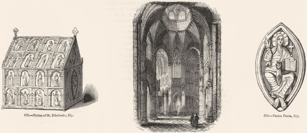 Associate Product ELY. St Ethelreda shrine; Cathedral; Vesica Piscis  1845 old antique print