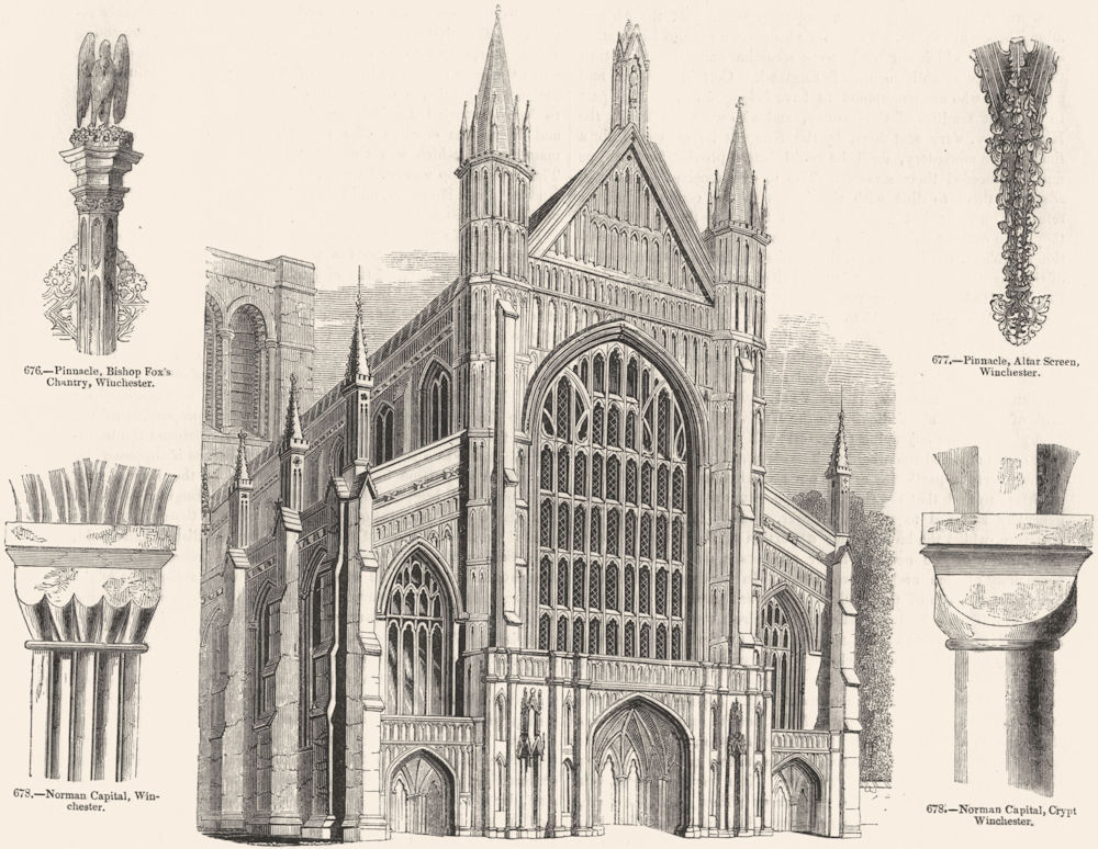WINCHESTER. Cathedral; capitals; pinnacle-fox chantry 1845 old antique print