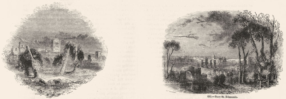 SUFFOLK. Bury St Edmunds;  1845 old antique vintage print picture