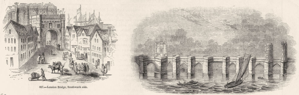 LONDON. London Bridge, Southwark side;  1845 old antique vintage print picture
