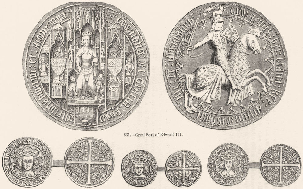 Associate Product DECORATIVE. Seal of Edward III; Groat; Penny; Half- 1845 old antique print