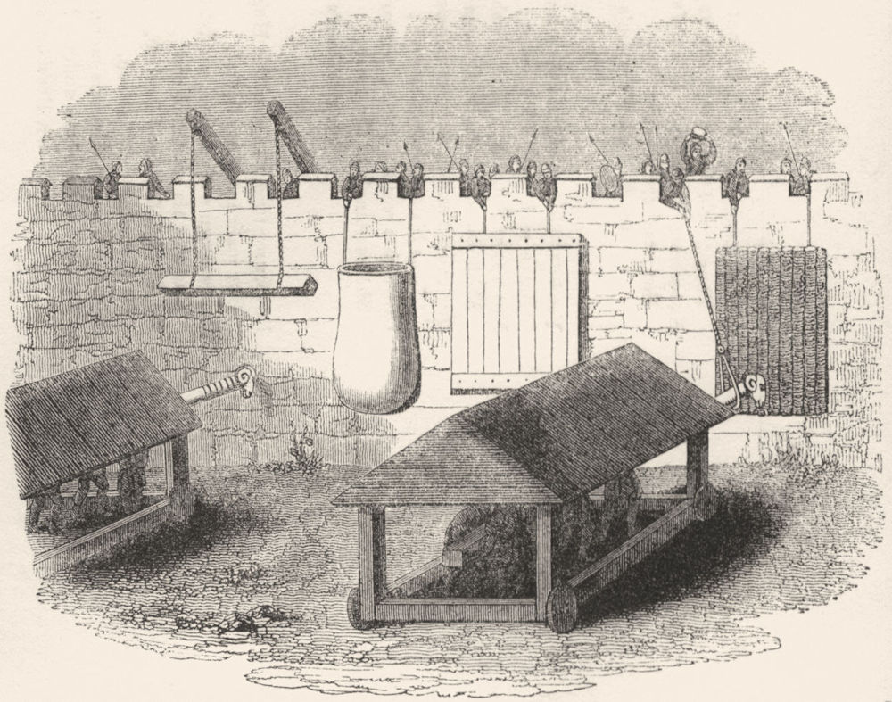 SIEGES. Defending stone walls against Battering-Ram 1845 old antique print